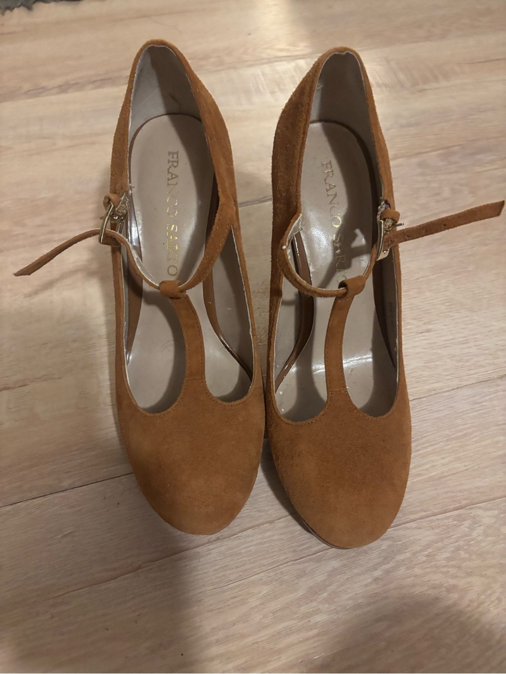 Franco Sarto Suede T-Strap Pumps in Camel Brown